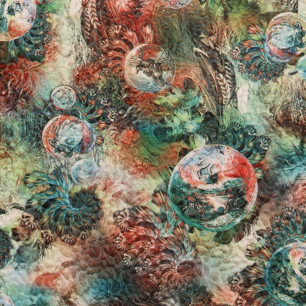 Tissu Jersey Matelassé Plumes et bulles Rouge et Vert