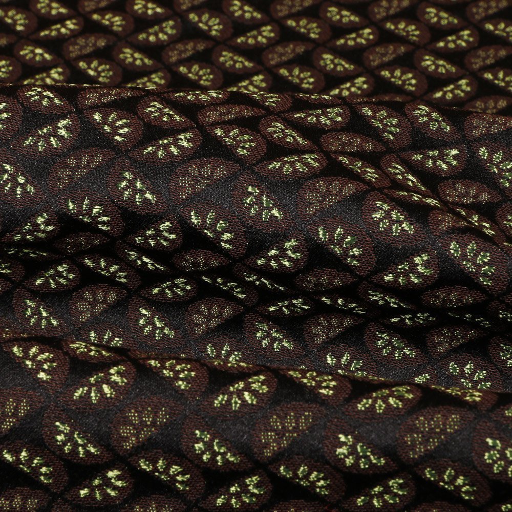 Tissu Gianni Jacquard Satiné Léger Noir Pétales Vertes et marrons