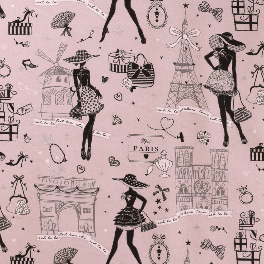 Tissu toile coton Imprimée La Parisienne Noir et Blanc sur fond Gris Clair