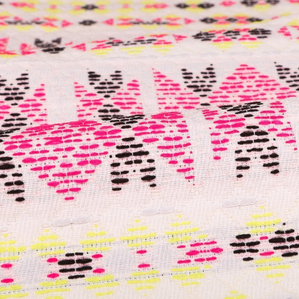 Tissu Gianni Jacquard Blanc Aztèques Jaunes et fuschia