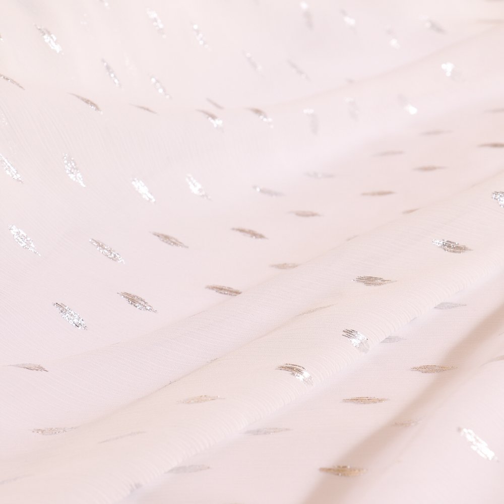 Tissu Mousseline Flat Polka Lurex Argent sur fond Blanc