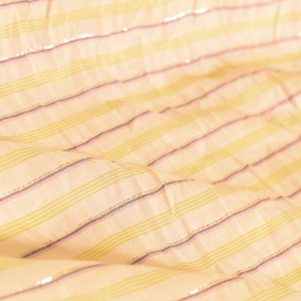 Tissu Voile Rayé Vert et Lurex Argent sur fond Blanc