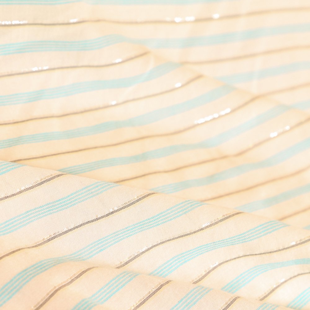 Tissu Voile Rayé Bleu et Lurex Argent sur fond Blanc
