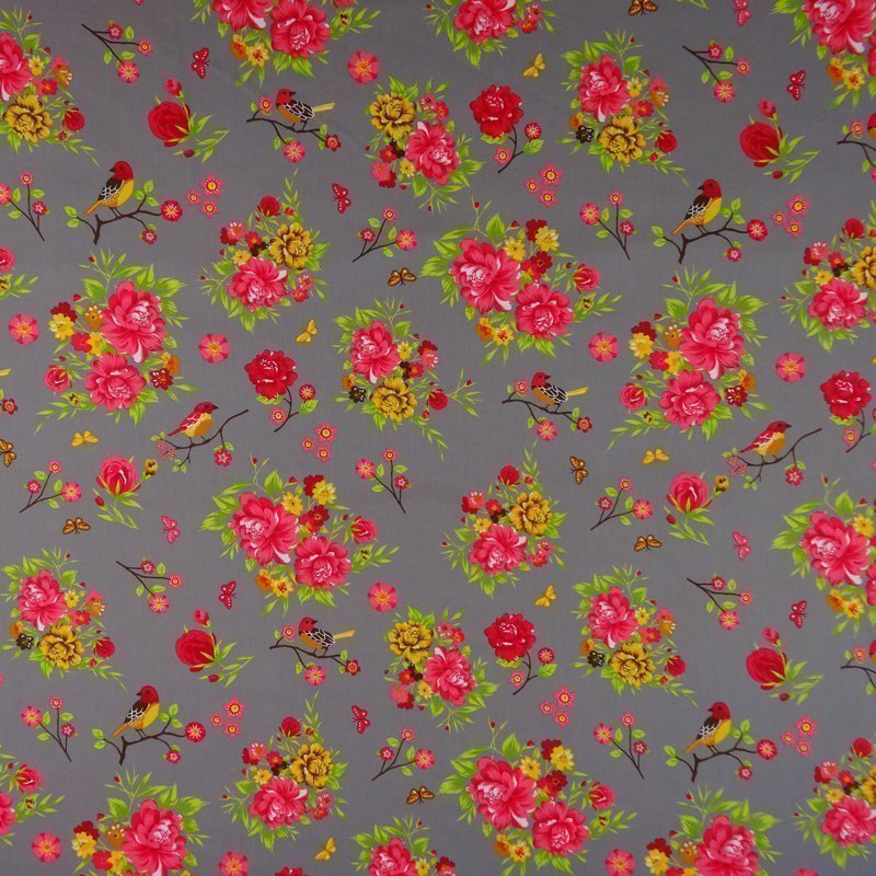 Tissu Popeline Coton Gris Fleurs Multi
