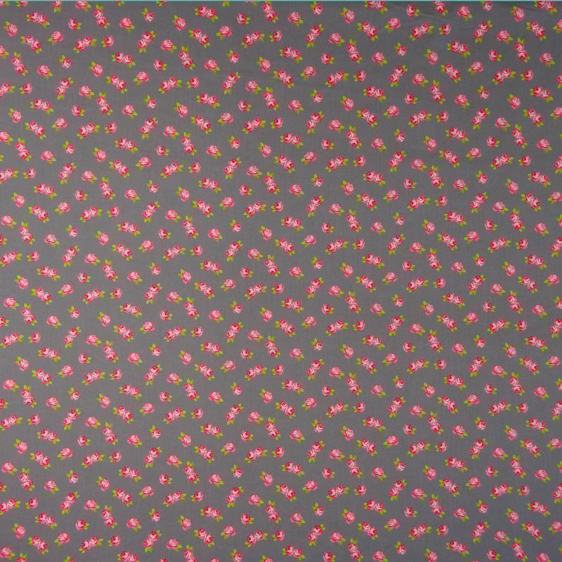 Tissu Popeline Coton Gris Petites roses