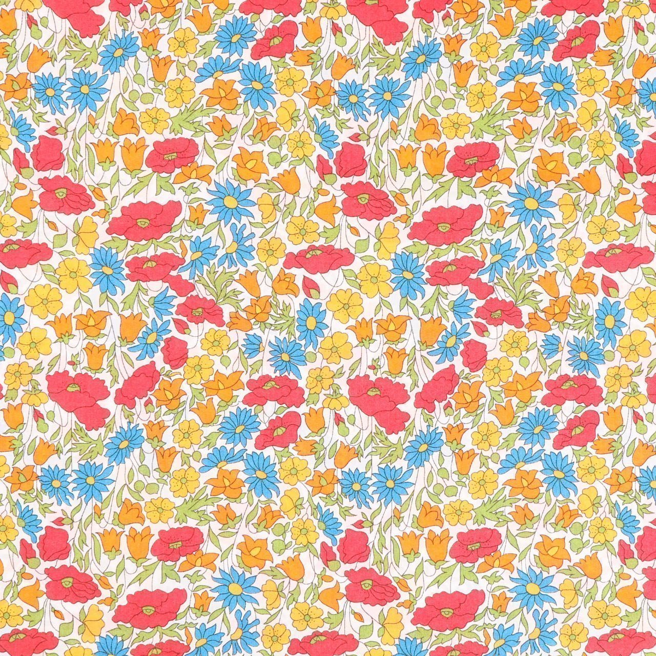 Tissu Liberty of London Poppy Daisy Fuchsia, bleu, orange et jaune