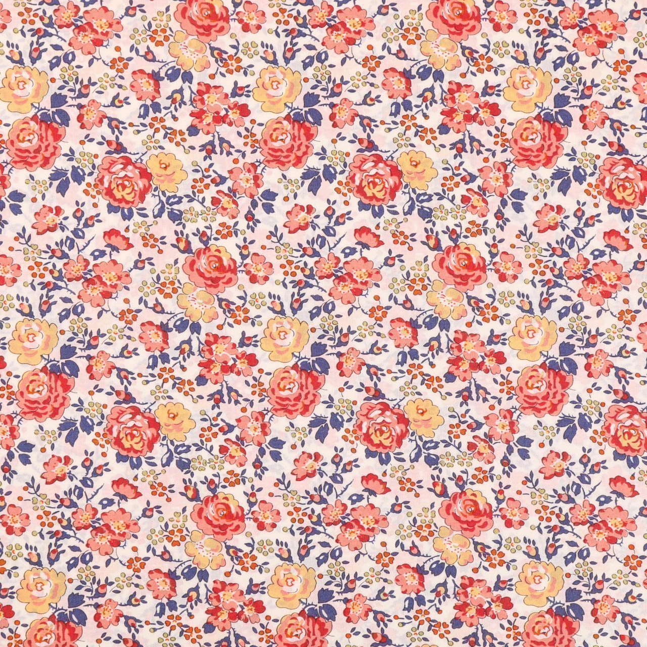 Tissu Liberty of London New Felicite Corail, jaune et bleu indigo