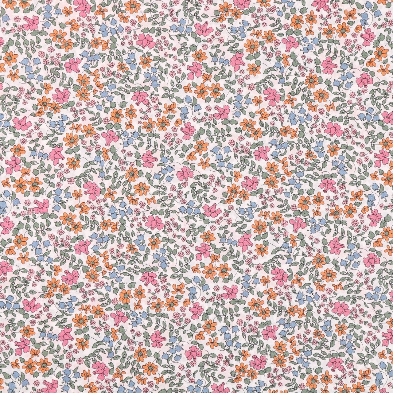 Tissu Liberty of London Emilia's Bloom Vert, orange, rose et bleu-gris