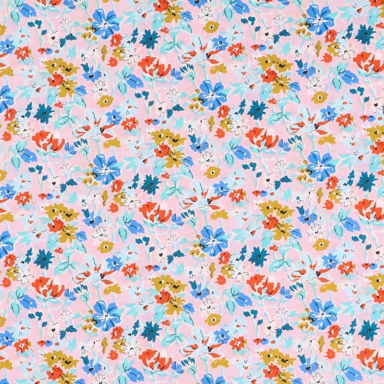 Tissu Liberty of London California Bloom Rose, bleu, moutarde et orange