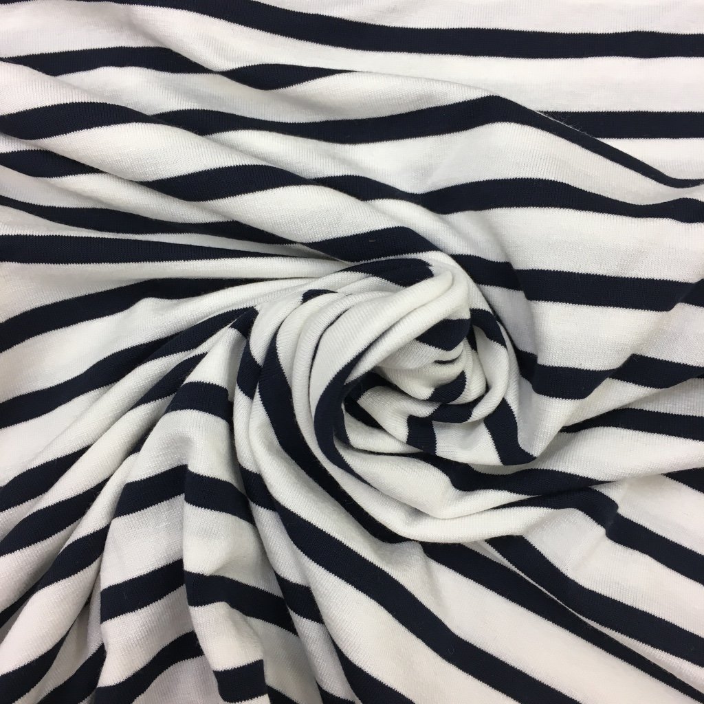 Tissu Jersey Viscose Marinière Bleu marine et blanc