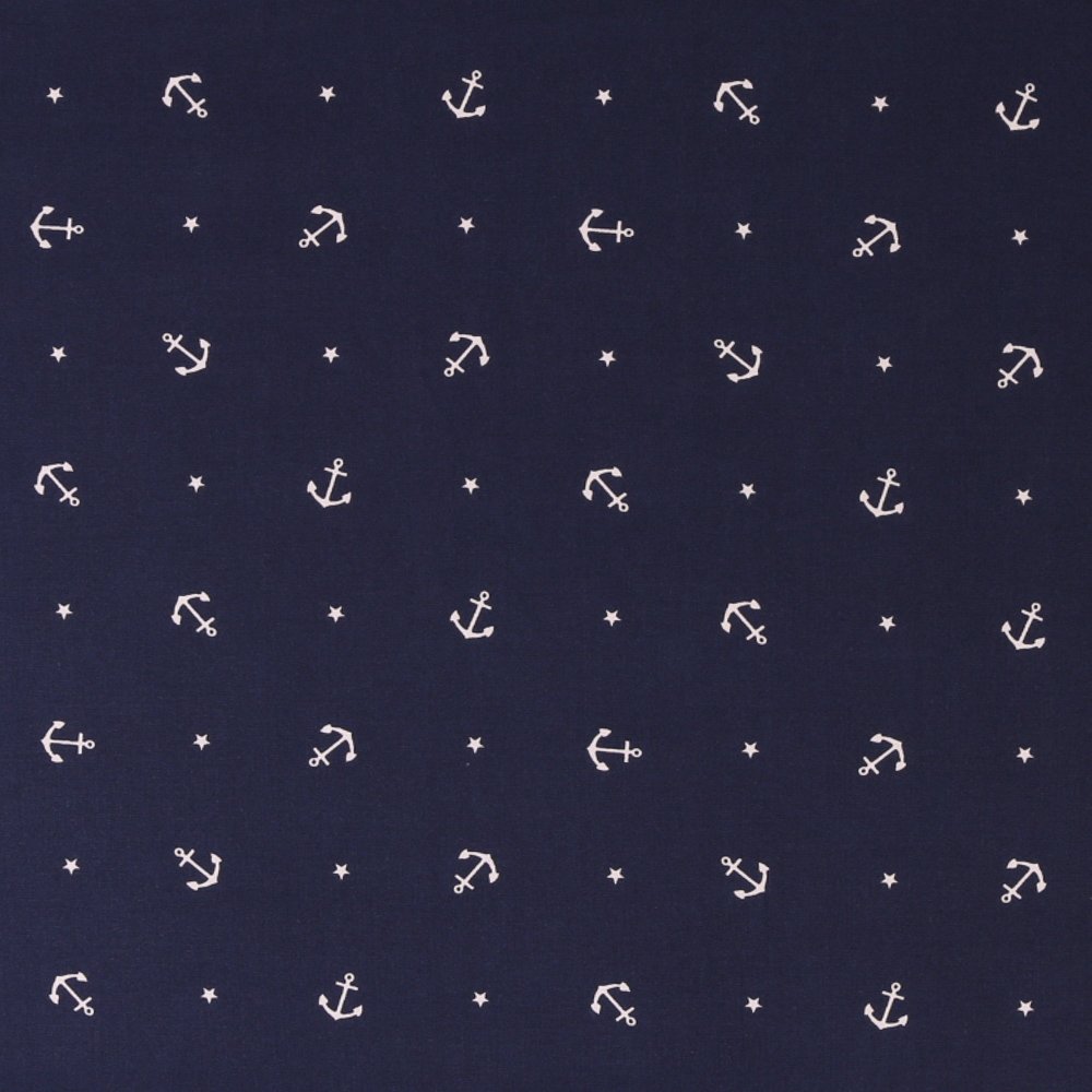 Tissu Popeline imprimée LittleBird Ancres et étoiles Blanches sur fond Bleu marine