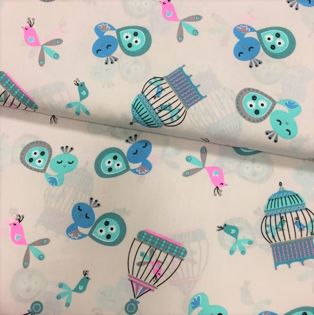 Tissu Popeline imprimée Beige Oiseaux Bleus turquoises