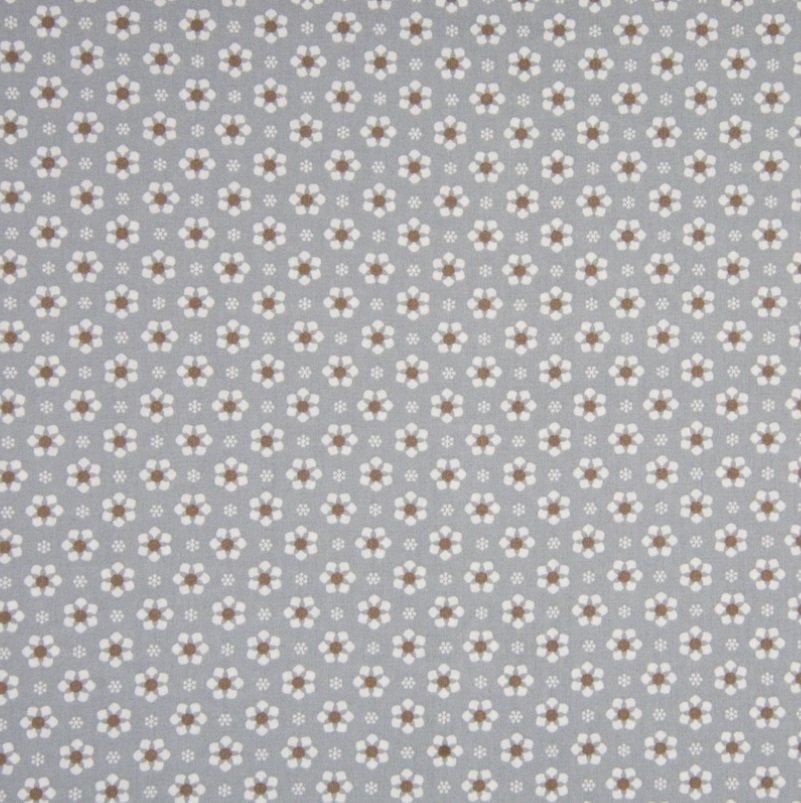 Tissu Popeline Coton Gris clair Fleurs Blanches