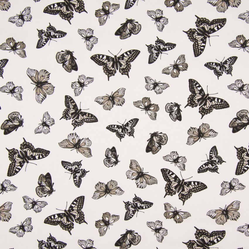 Tissu Popeline imprimée LittleBird Papillons Noirs et beiges sur fond Blanc