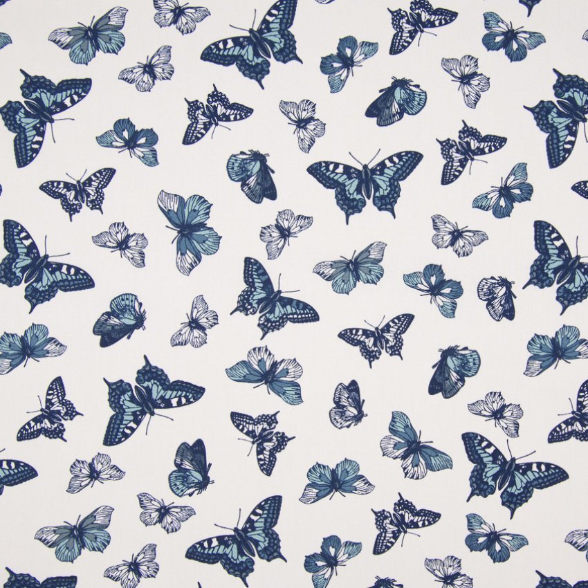 Tissu Popeline imprimée LittleBird Papillons Bleu marine sur fond Blanc