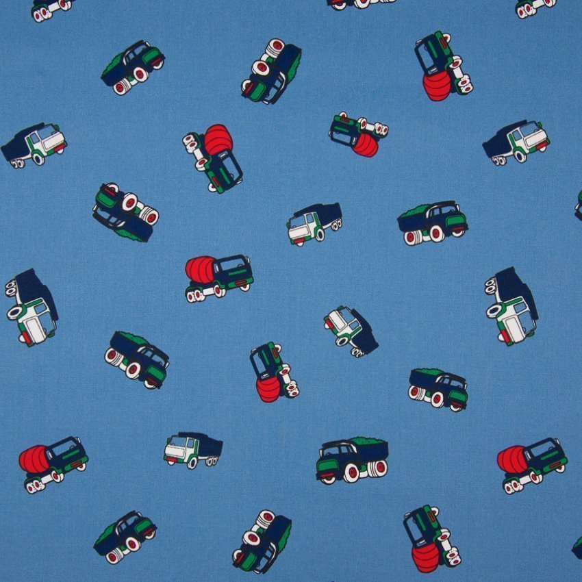 Tissu Popeline imprimée LittleBird Camions Rouges et bleu marine sur fond Bleu ancien