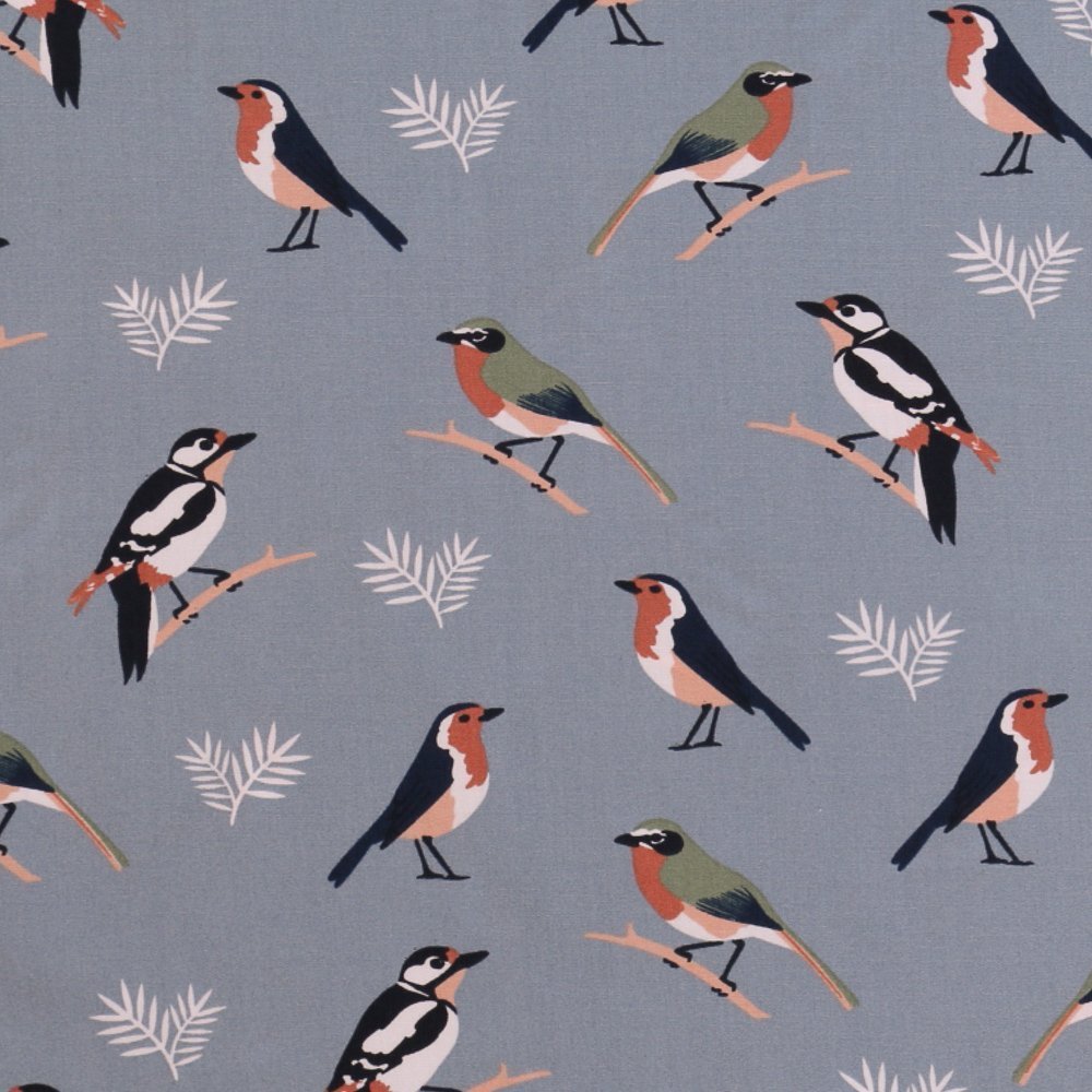 Tissu Popeline imprimée LittleBird Oiseaux Noirs et kakis sur fond Gris