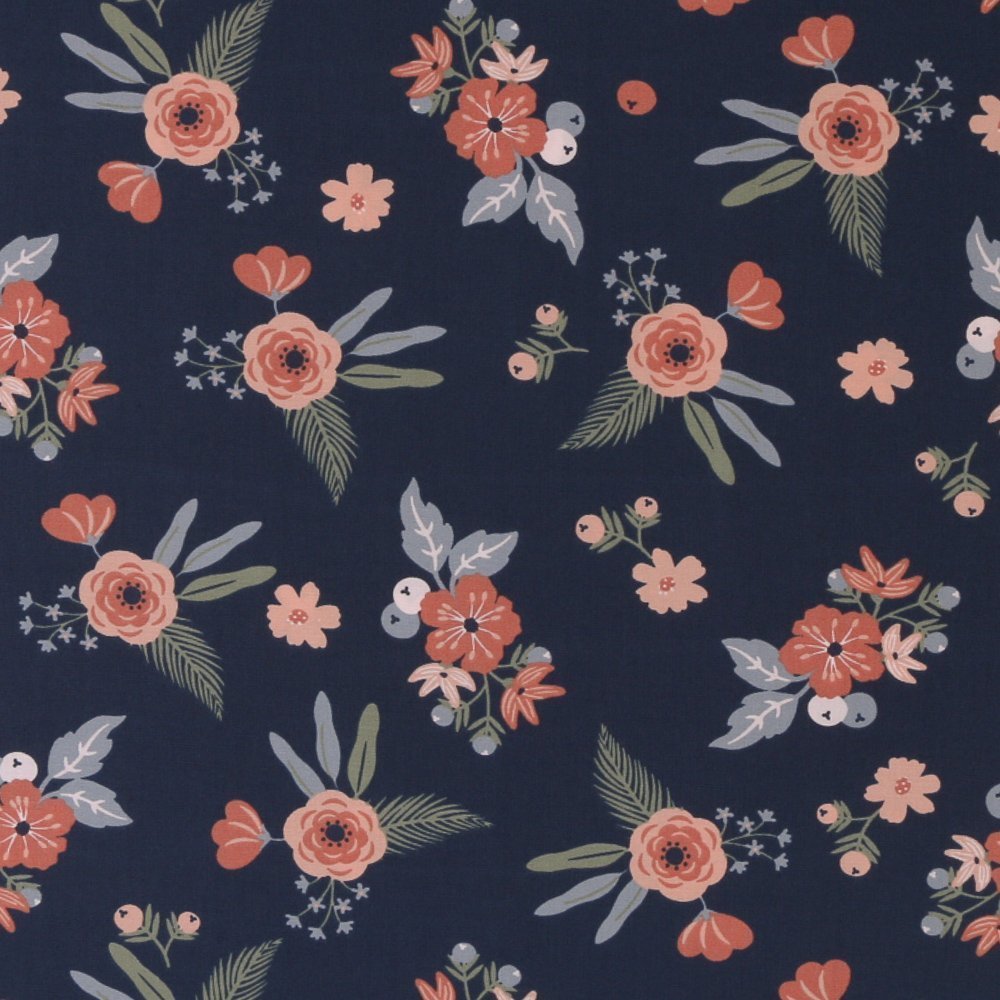 Tissu Popeline imprimée LittleBird Fleurs Couleur abricot sur fond Bleu marine