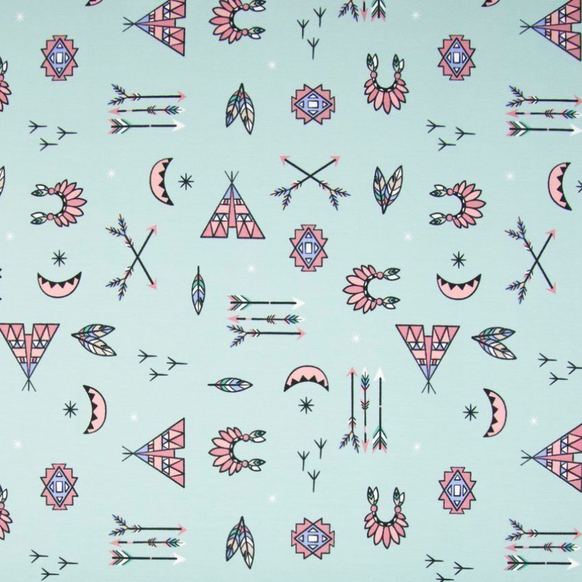 Tissu Jersey Coton Vert opaline Indiens bleu et chair