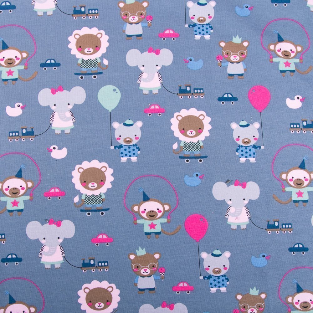 Tissu Jersey Coton Eléphants et singes Fuschia sur fond Bleu dragée