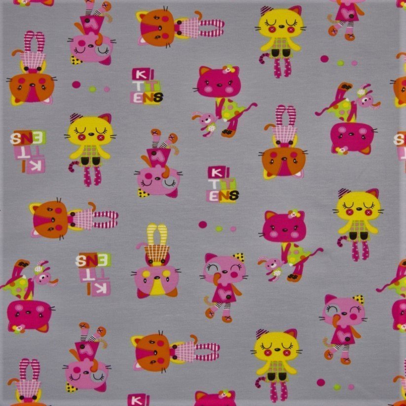 Tissu Jersey coton Gris clair Chats roses et jaunes