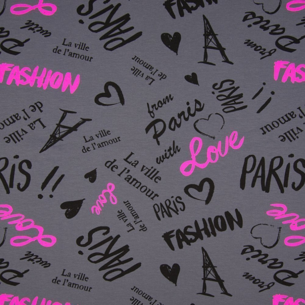 Tissu Jersey coton Gris anthracite Love Paris Noirs et fushias