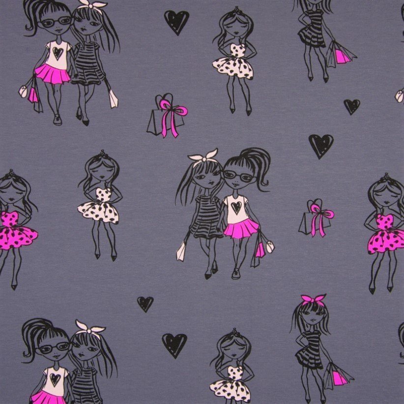 Tissu Jersey coton Gris foncé Fillettes fashion roses