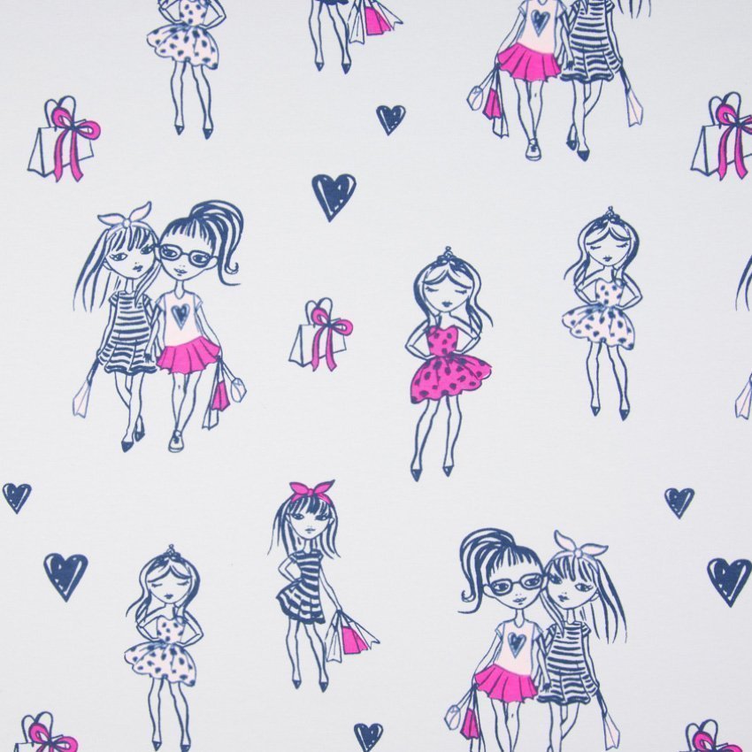 Tissu Jersey Coton Poupées Bleu marine et roses sur fond Bleu ciel