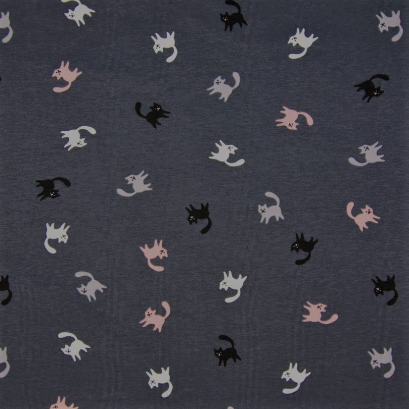 Tissu Jersey coton Gris foncé Chats Roses pâles et gris