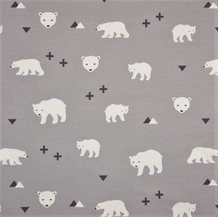 Tissu Jersey coton Gris clair Ours polaire blancs