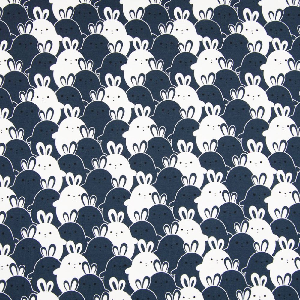 Tissu Jersey Coton Lapins bicolore Bleu / Blanc