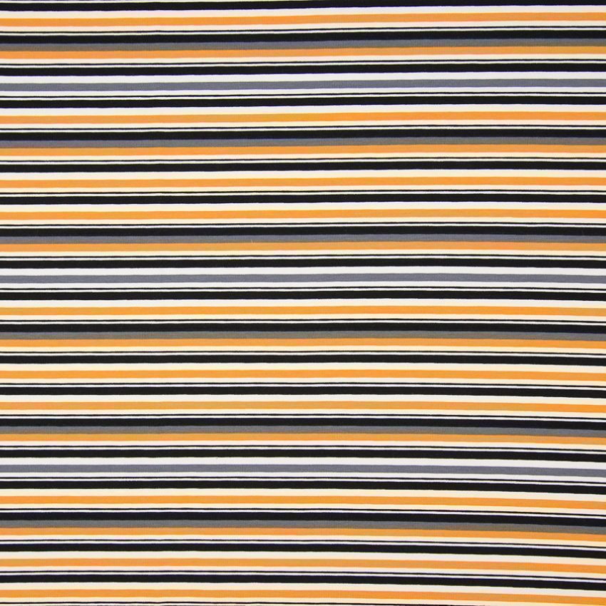 Tissu Jersey Coton Rayures Noires et oranges sur fond Blanc