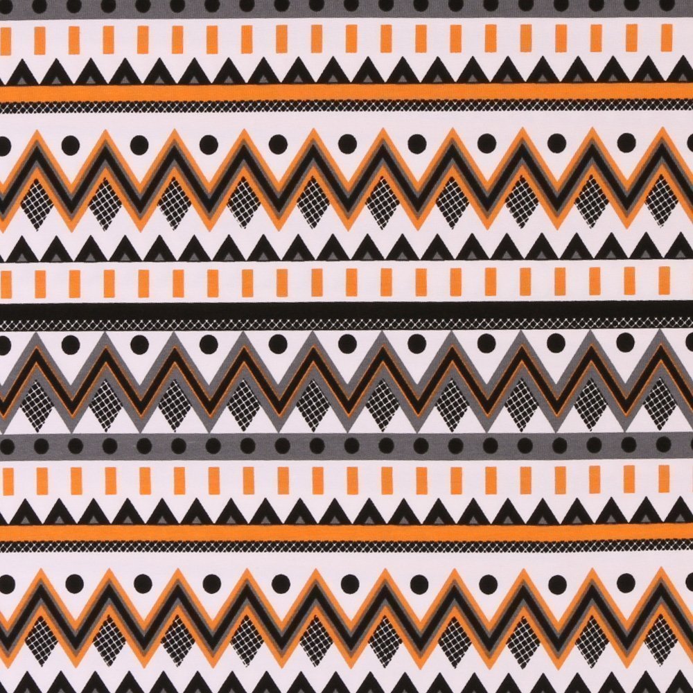 Tissu Jersey Coton Motifs géométriques Noirs et oranges sur fond Blanc