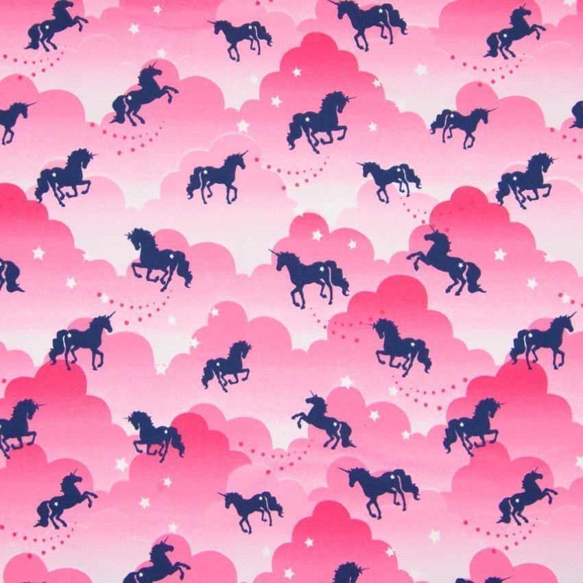 Tissu Jersey Coton Nuages roses et chevaux bleu marine