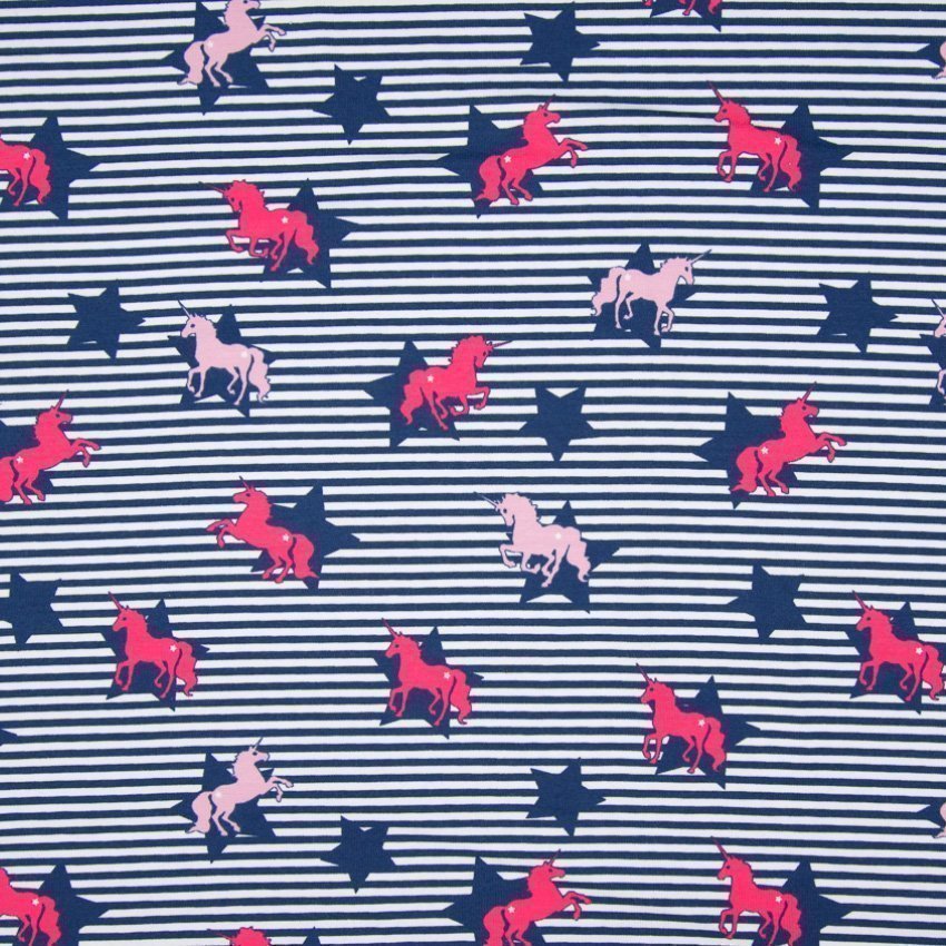 Tissu Jersey Coton Rayures bleu marine avec des Chevaux Fuchsias et rose clair sur fond Blanc