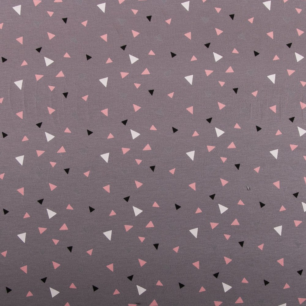 Tissu Jersey Coton Triangles Roses / Blancs sur fond Taupe