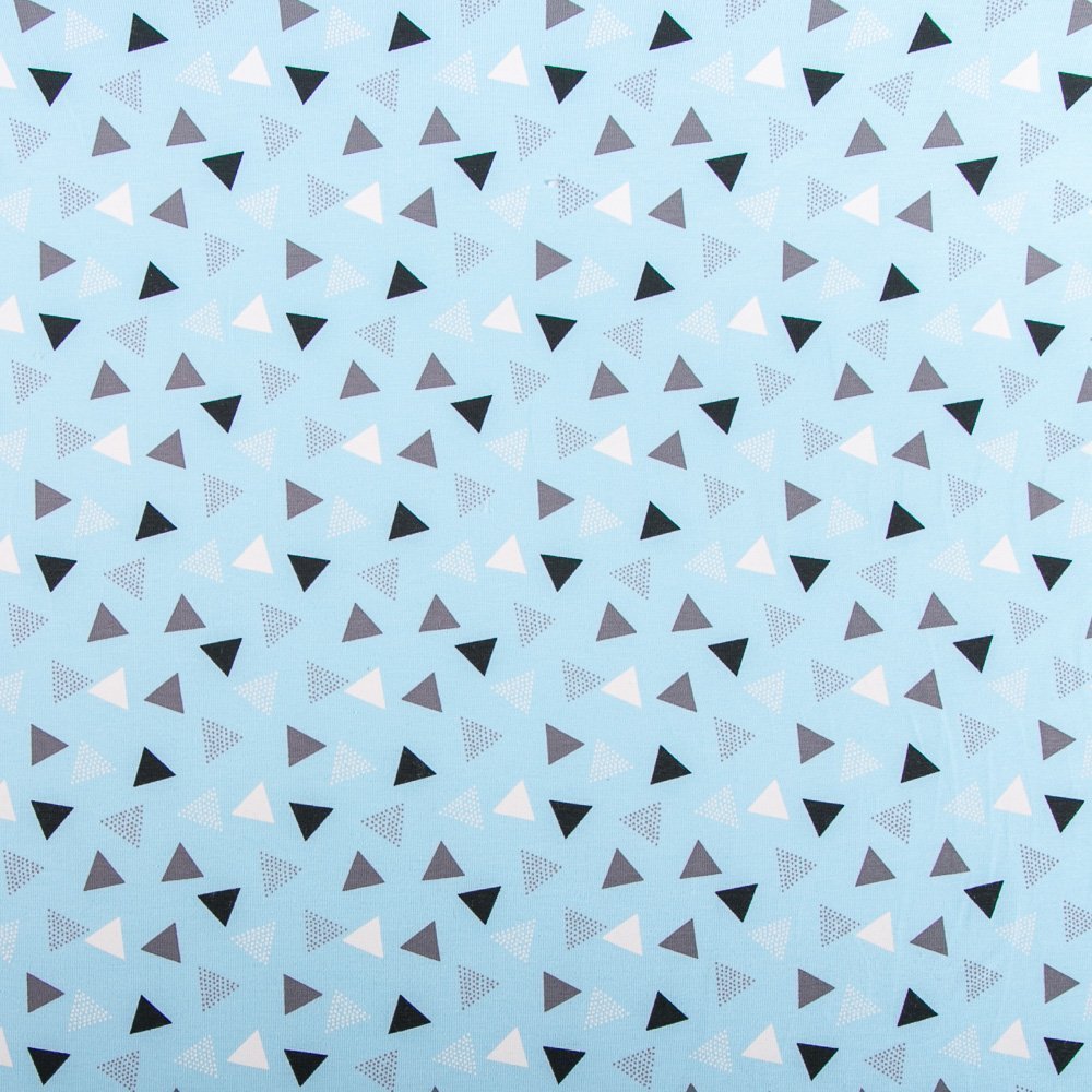 Tissu Jersey Coton Triangles Gris / Blancs sur fond Bleu ciel