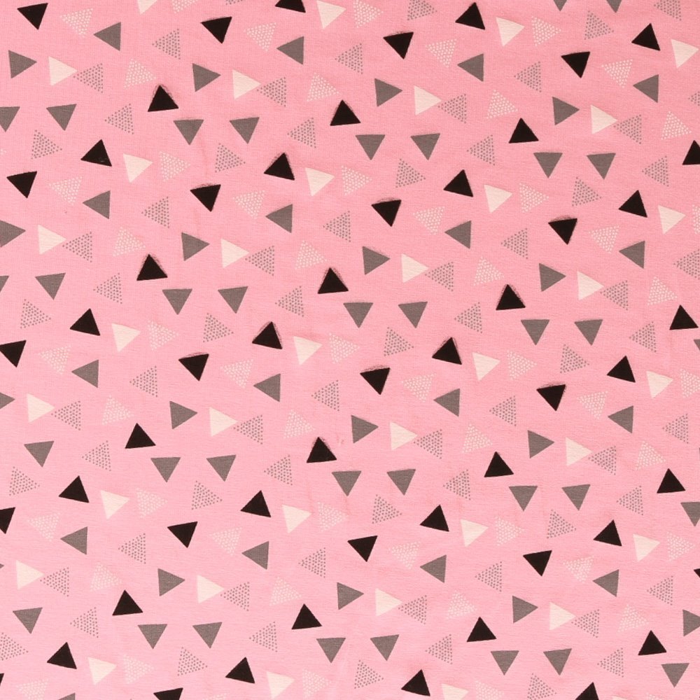 Tissu Jersey Coton Triangles Gris / Blancs sur fond Rose