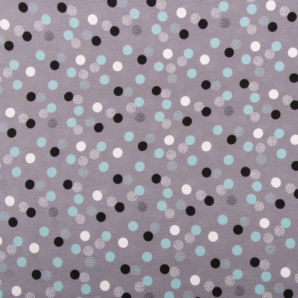 Tissu Jersey Coton Ronds Blancs / Bleus sur fond Gris