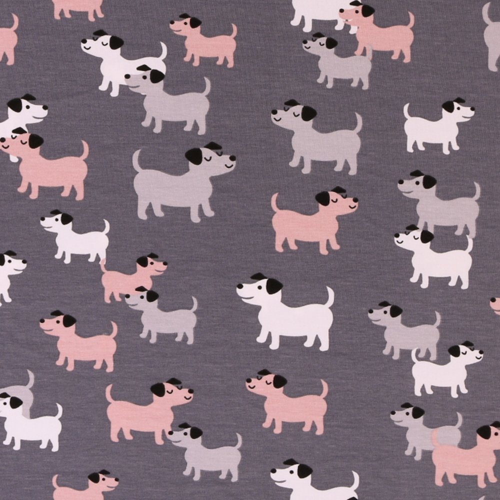 Tissu Jersey Coton Chiens Roses pâles et gris sur fond Gris foncé
