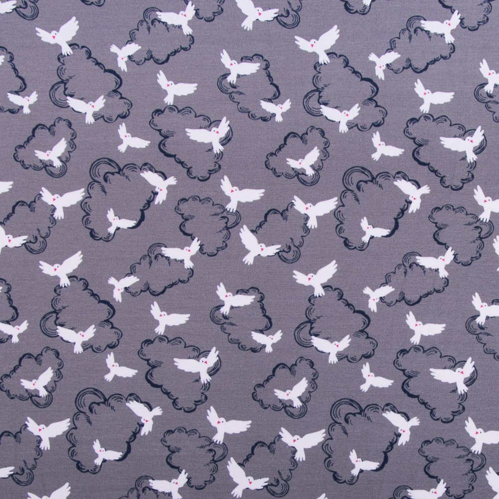 Tissu Jersey Coton Nuages / Oiseaux Blancs sur fond Gris