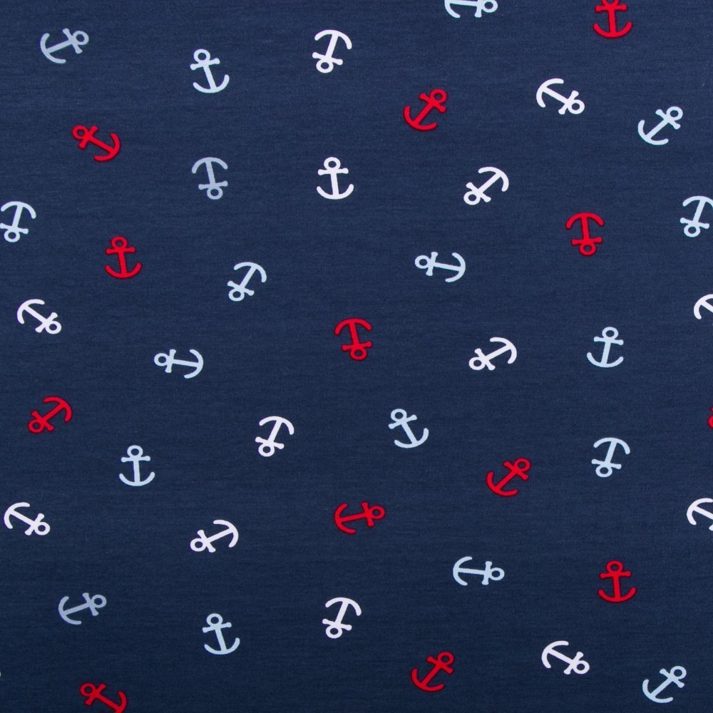 Tissu Jersey Coton Ancres Blanches / Rouges sur fond Marine