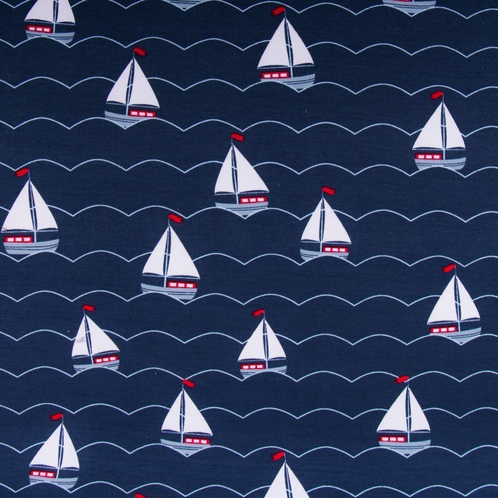 Tissu Jersey Coton Bateaux Blancs / Rouges sur fond Marine