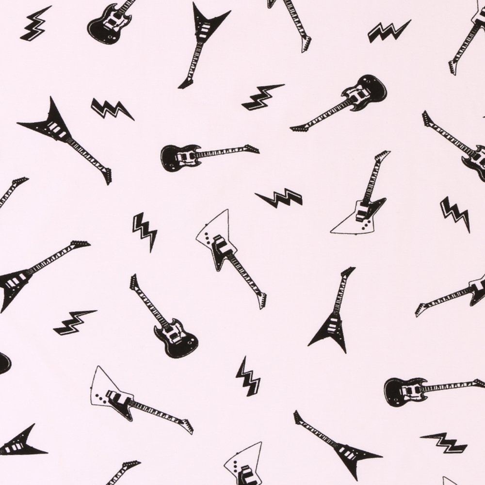 Tissu Jersey Coton Guitares Noires sur fond Blanc