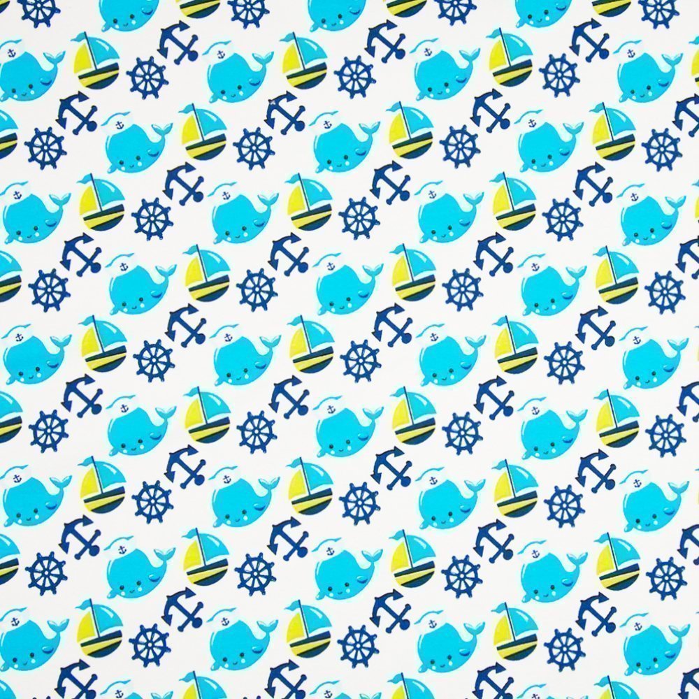 Tissu Jersey Coton Baleines univers marin Turquoise sur fond Blanc