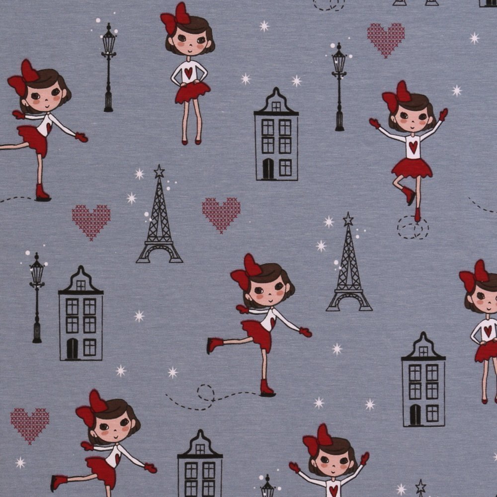 Tissu Jersey Coton Poupées sur fond Bleu ancien