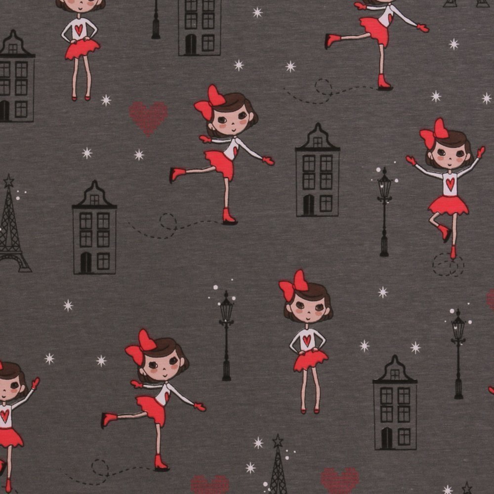 Tissu Jersey Coton Poupées sur fond Gris foncé