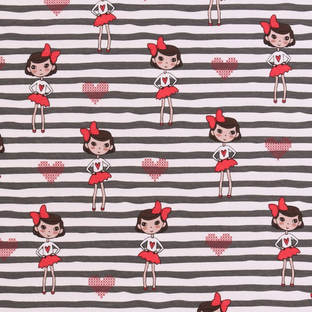 Tissu Jersey Coton Rayures grises avec Poupées sur fond Blanc