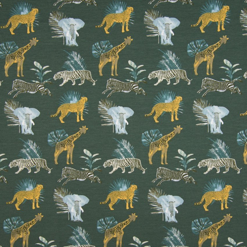 Tissu Jersey Coton Animaux Jaune moutarde et verts sur fond Vert