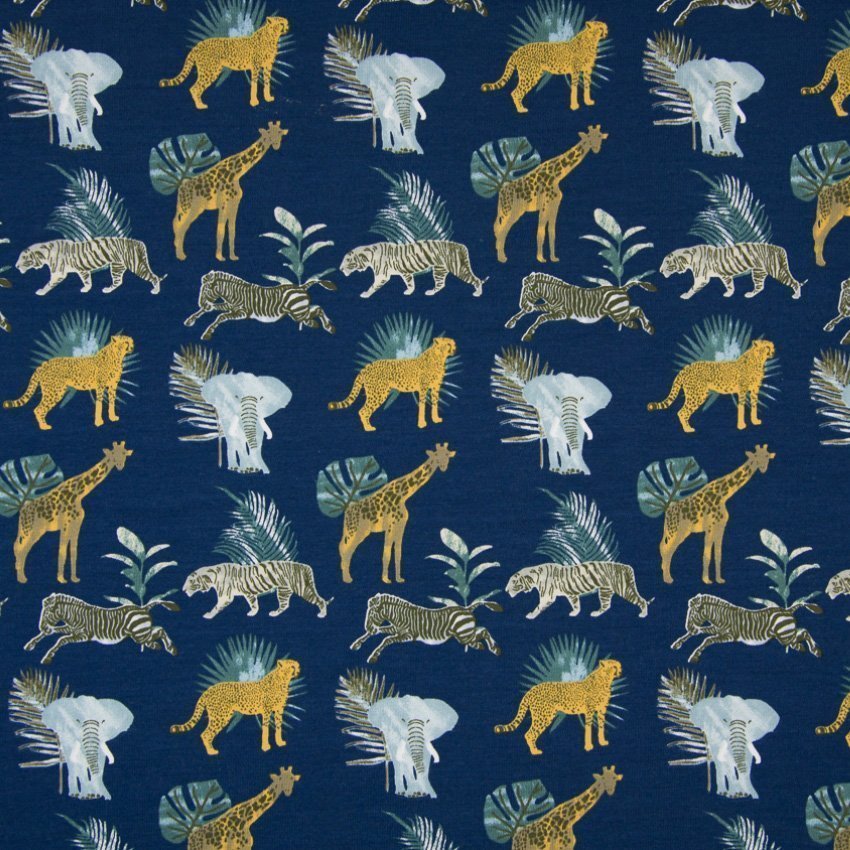 Tissu Jersey Coton Animaux Jaune moutarde et verts sur fond Bleu marine